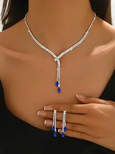 Elegant Rhinestone Horse Eye Necklace Earrings Set, Teardrop Jewelry Set, Sparkling Geometric Oval Zirconia Jewelry, Perfect Gift for Parties & Holidays