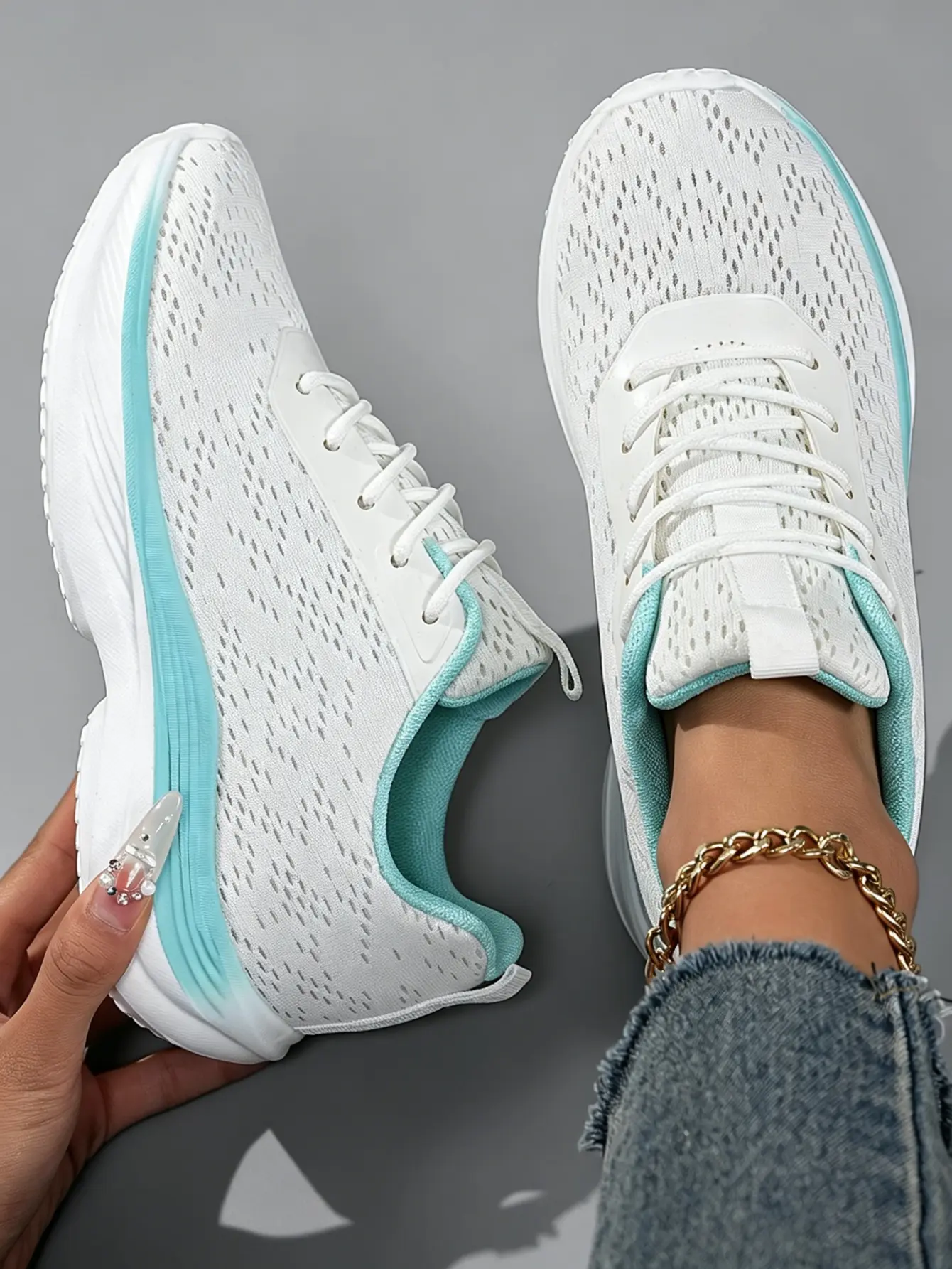 Women's Trendy Running Shoes, Wide Fit Mesh Sneakers in White & Mint Green, Lightweight Cushioned Foam Trainers for Gym Workout & Casual Wear, Casual Jogging Shoes, Back To School Haul, Affordable Fashion, Ladies Sneakers, Sporty Chic, Road Trips, Mesh Fa