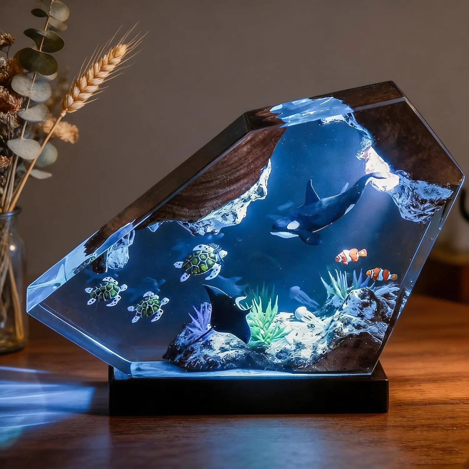 Killer Whale Ocean Resin Night Light Decorative Ambiance Lighting, Handcrafted 3D Ocean World Wood Epoxy Resin Lamp Underwater Sea Scene Desk Lamp with Sea Turtle Manta Ray, Marine Life Decor for Bedroom Office Desktop, Gifts for Children Family