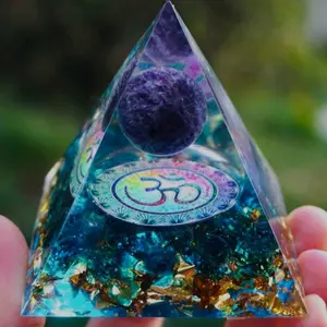 Natural OM Blue Quartz Orgonite Pyramid with Amethyst Crystal Sphere, Natural Crystal Decoration, Desk Ornaments for Room Decor, Energy-Increasing Accessory