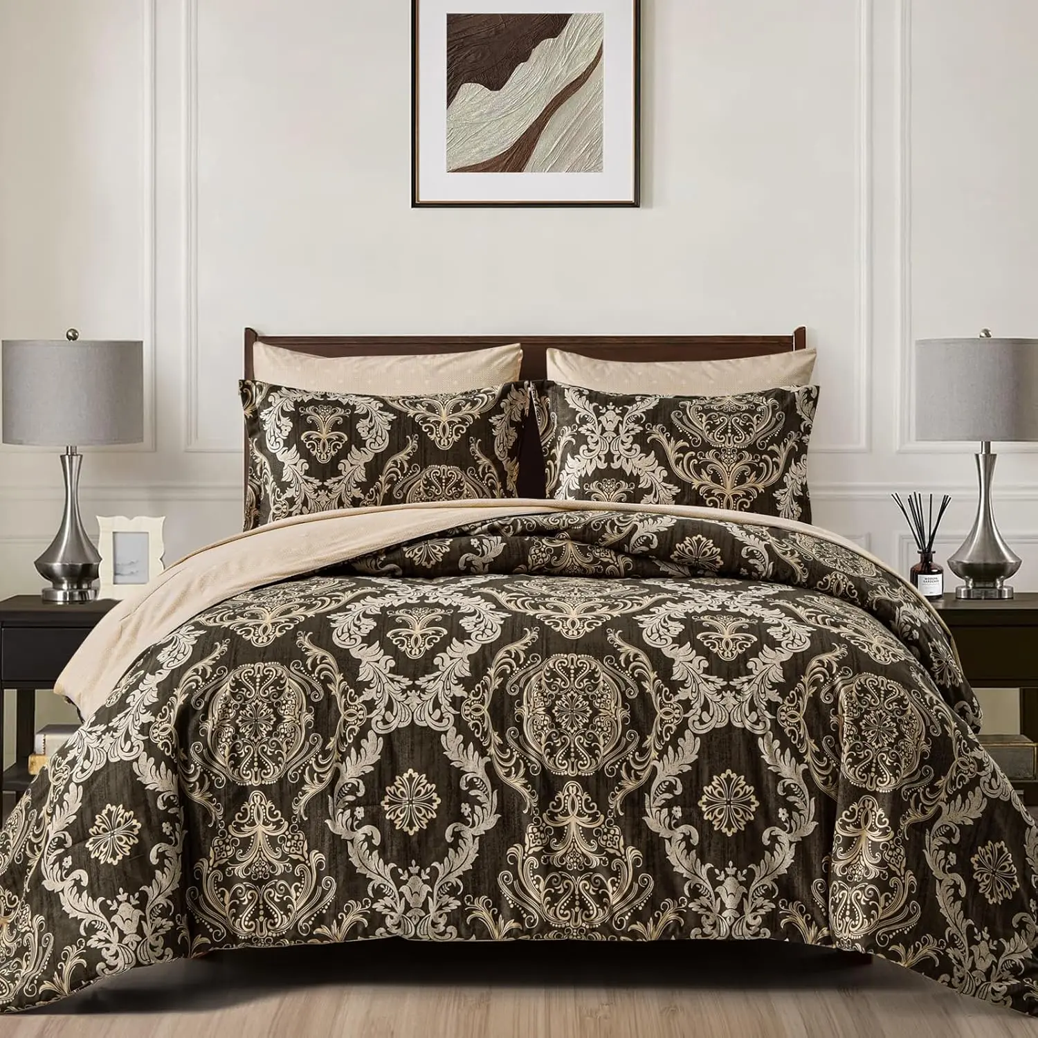 Queen Size 7-Piece Damask Bedding Set - Lightweight Brown Synthetic Microfiber, European Damask Texture, All Seasons, Durable, Machine-Washable, Modern Polyester, Storage Bag Included