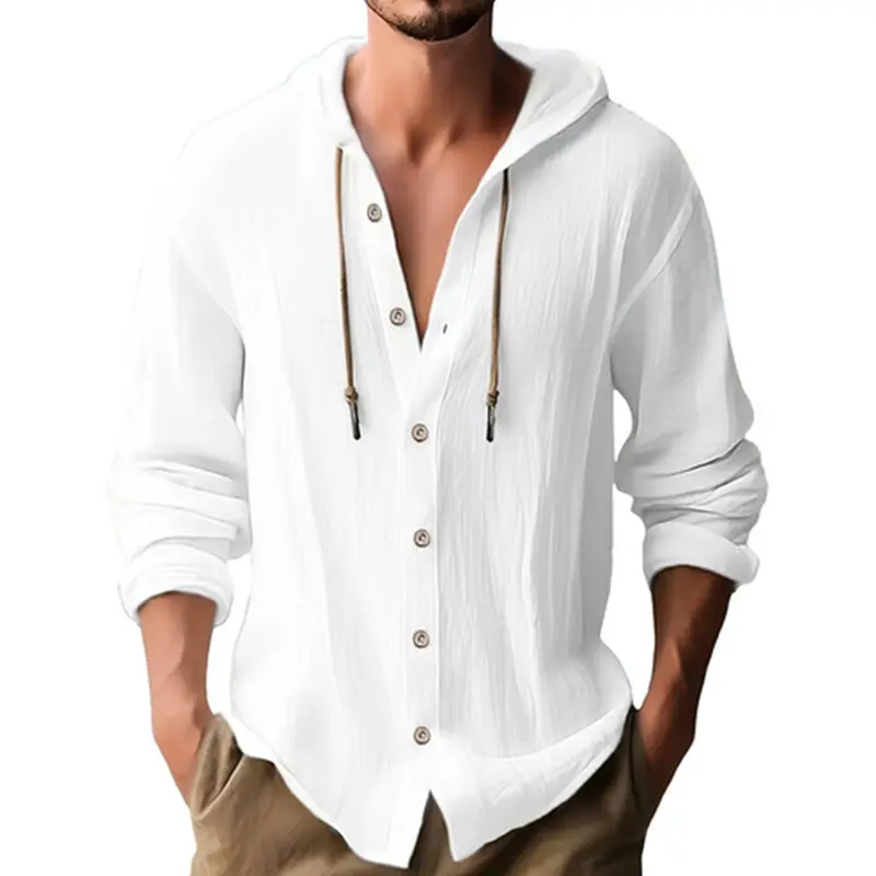 Men's Hooded Shirt, Casual Plain Long Sleeve Button-Down with a Lightweight Crinkled Linen-Look Texture, Menswear, Stylish, Tops, Mens Clothing