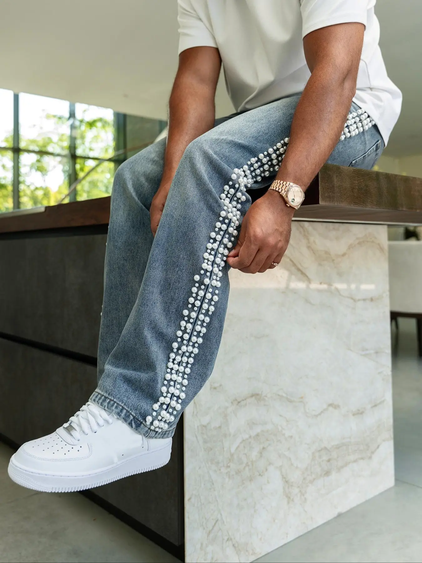 Men's Blue Loose Straight Denim Jeans, Side Pearl Chain Decoration, Vintage Wash American Street Style, All Seasons, Casual Fit, Casual Streetwear Jeans