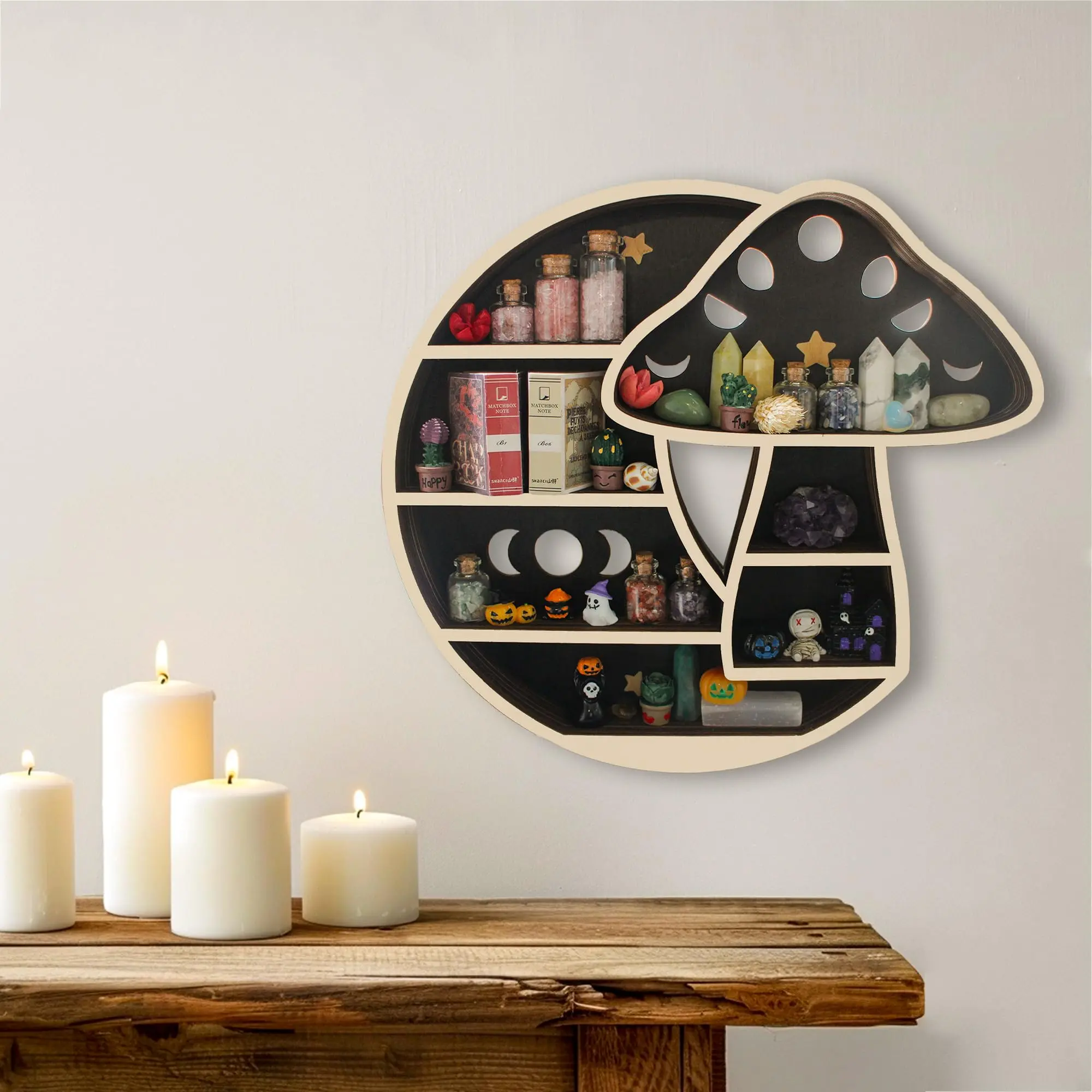 FNYDOX Gothic Durable Wooden Mushroom Floating Shelves, Moon Wall Decor for Crystal Rock Gem Stone Display, Trinket Knick Knack Holder, Home Decor Gift for Mushroom Lovers