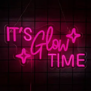 It's Glow Time Neon Sign Party Decorations Pink Letter Neon Light Star LED Sign for Wall Celebrate Party Neon Signs for Bedroom Thanksgiving Christmas New Year Bar Decor Girl Gifts