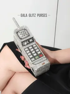 Shiny Elegant Fun Phone Shape Evening Clutch, Crystal Wedding Party Bag, Luxury Handmade Diamond Purse, Perfect for Weddings and Parties