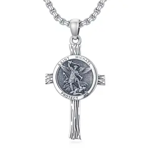 MEIDERBO Dream Chaser Saint Michael Cross Necklace for Men 925 Sterling Silver Oxidized Finish Archangel Protector Pendant Captain Steel Style Stainless Steel Bead Chain 22+2 Inch