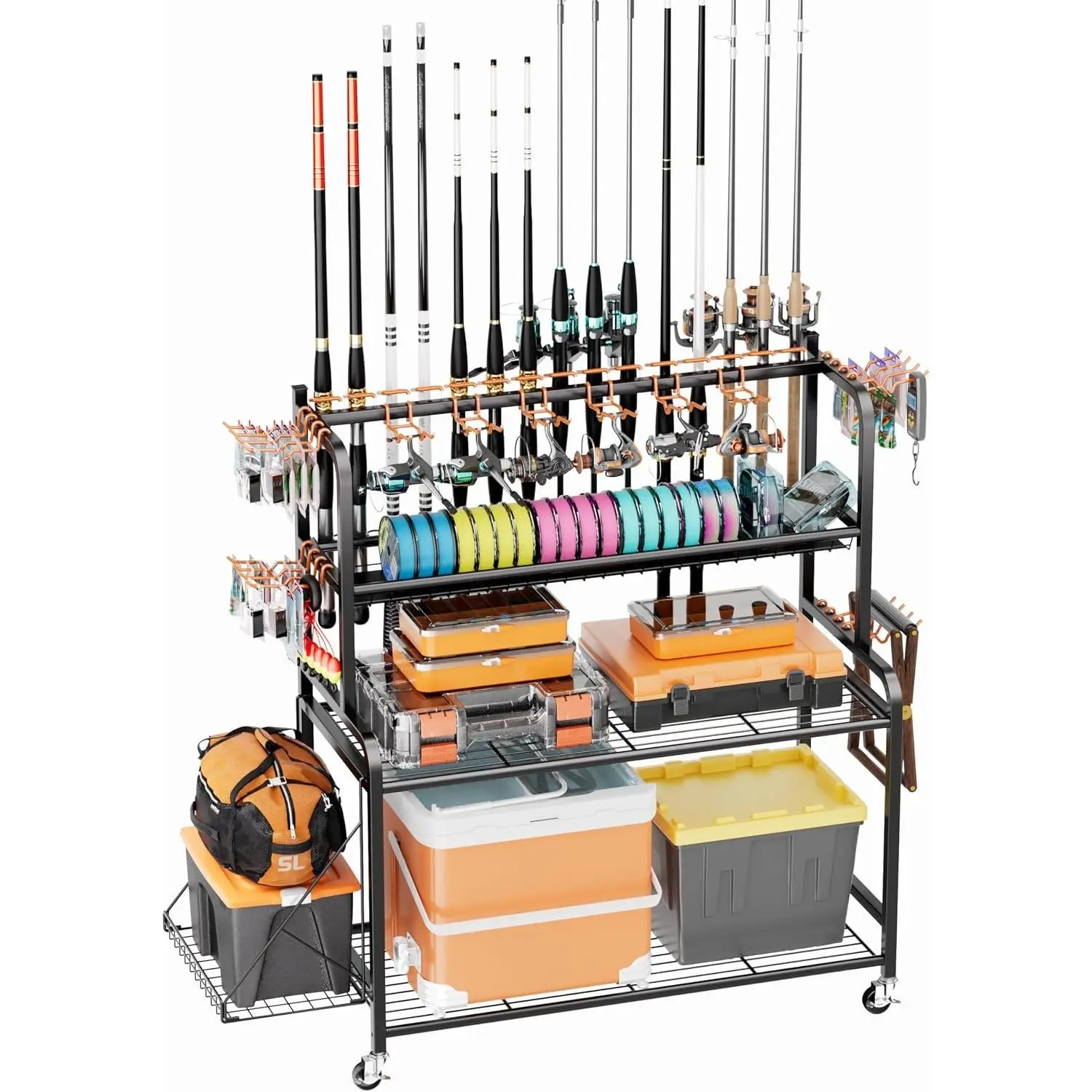 Fishing Rod Holder with 15-Pole Rack 3-Tier Fishing Cart for Fishing Accessories and Gear Storage, Perfect Fishing Pole Holders for Garage, Home or Shed, Ideal Fishing Gift for Men and savior