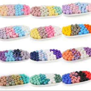 20Pcs Set of 15mm Silicone Printed Round Beads and Solid-color Round Beads in Assorted Color Combinations Diy Mix Beads Suitable for Crafting Beaded pens Bracelets and Necklaces Diy Beading Accessories