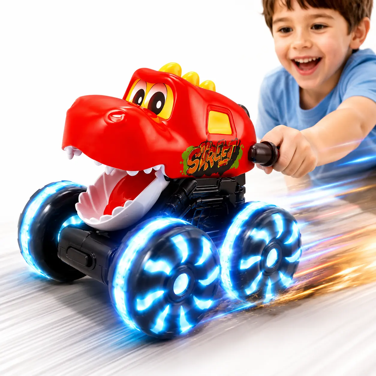 Unisex Dinosaur Monster Truck Toy - Friction-Powered Vehicle with LED Light-Up Wheels, Cell-Powered Kids' Birthday Gift for Model & Toy Vehicle Enthusiasts