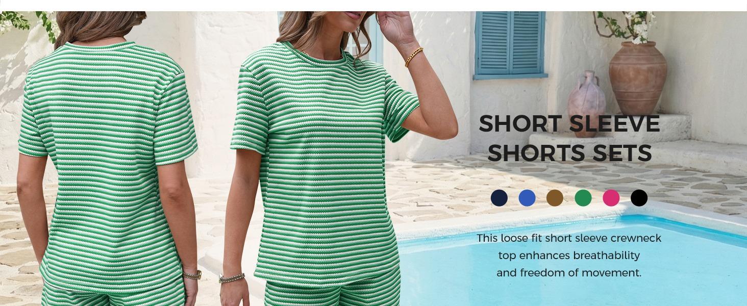 Fisoew Womens Striped 2 Piece Outfits Casual Short Sleeve Shirts Tops Knit Shorts Sets Workout Tracksuits Matching Sets