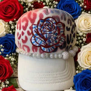 Red, White & Blue Rose Glam Hat Handpainted Leopard Bling