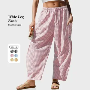 Linen plaid cropped wide-leg pants 2026 pocket summer beach vacation plaid harem pants