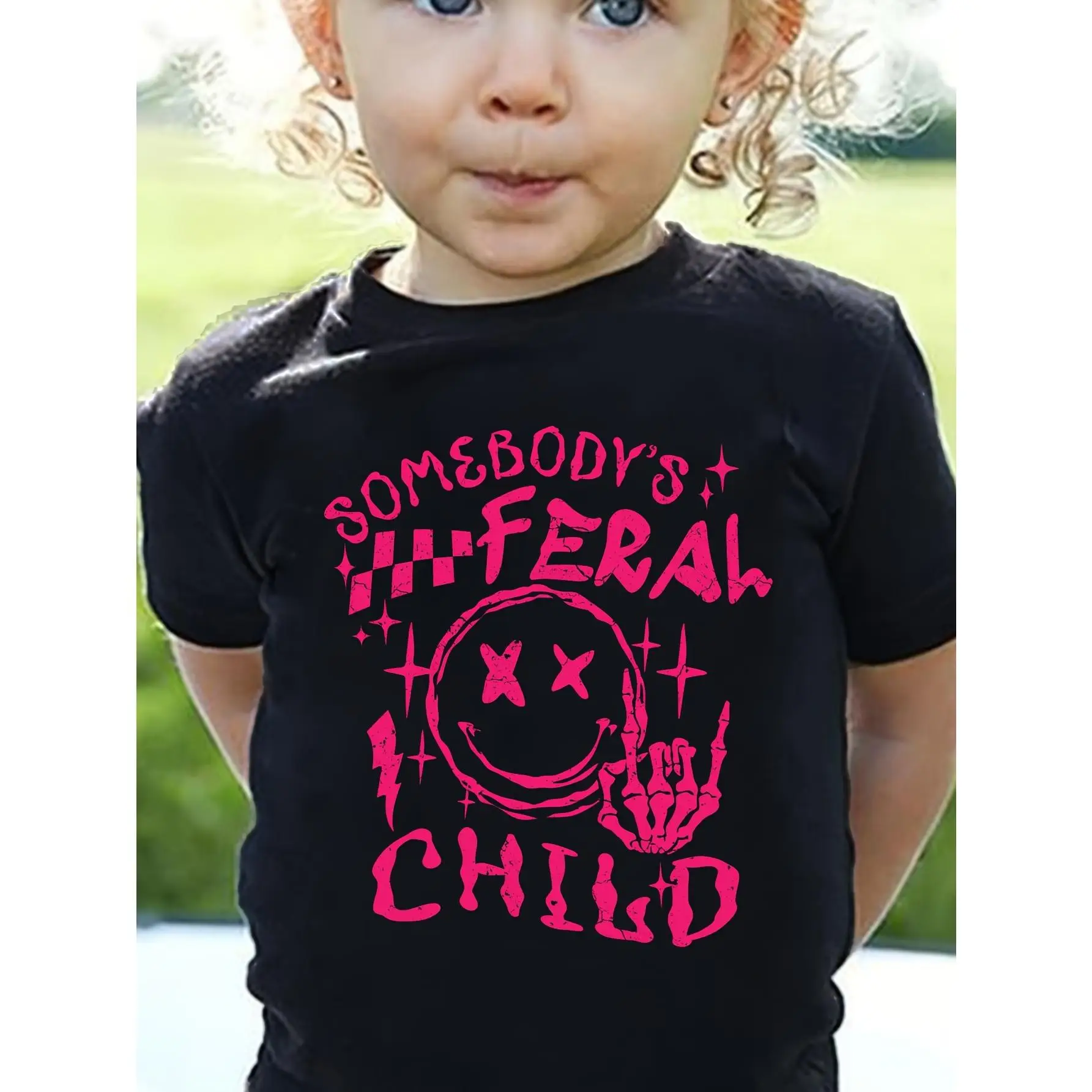 SOMEBODY'S FERAL CHILD & Cartoon Skeletal Hand Graphic Print, Girls' Casual & Comfy Crew Neck Short Sleeve T-shirt For Spring & Summer, Girls' Clothes