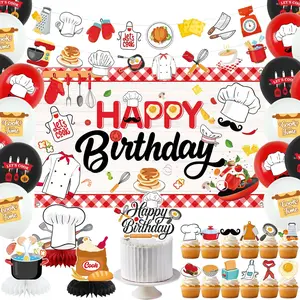 Chef Party Decorations, Cook Birthday Decoration Includes chef HAPPY BIRTHDAY Backdrop, Banners, Cake Toppers, Honeycomb Centerpieces, and Balloons for Cook Cooking Kitchenware Supplies