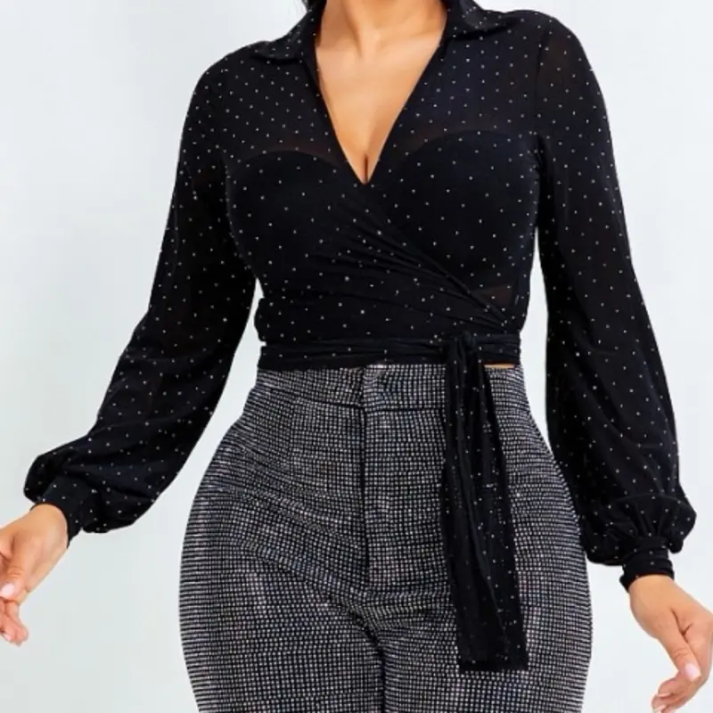 Sheer-rhinestone Knot Front Crop Blouse