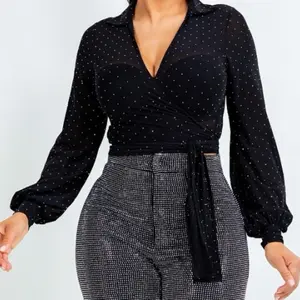 Sheer-rhinestone Knot Front Crop Blouse