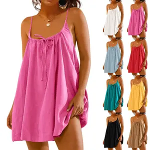 Danedvi Womens Spaghetti Strap Swimsuit Coverup Summer Linen Tie Backless Sleeveless Beach Cami Mini Dress with Pockets SpringStatements