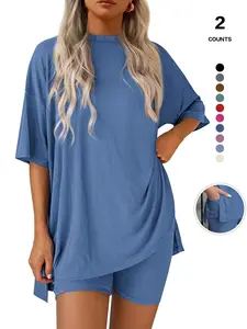 Women's Plus Size Summer Set, Fashionable T-Shirt & Tight Shorts, Casual Sportswear, Elastic Waist, Pockets, All Seasons