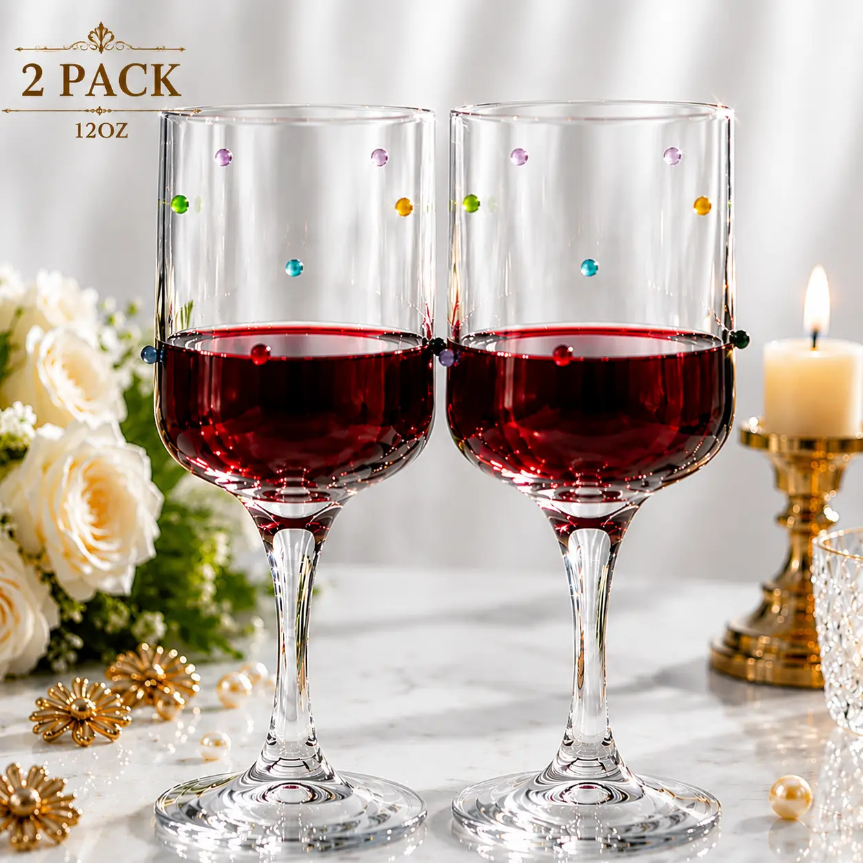 2 Pack 12oz Colorful Dot Design Borosilicate Glass Wine Glasses, Premium Crystal Clear Red Wine Glasses Set, Lead-Free Lightweight Durable Stemmed Drinking Glass Cups,Elegant Glassware for Home Bar,Dinner Party, Wedding Gift&Special Occasions #Drinkware