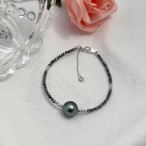 [Pearlury]Black Tahitian Bracelet Real Pearl Jewelry S925 Adjustable Closure
