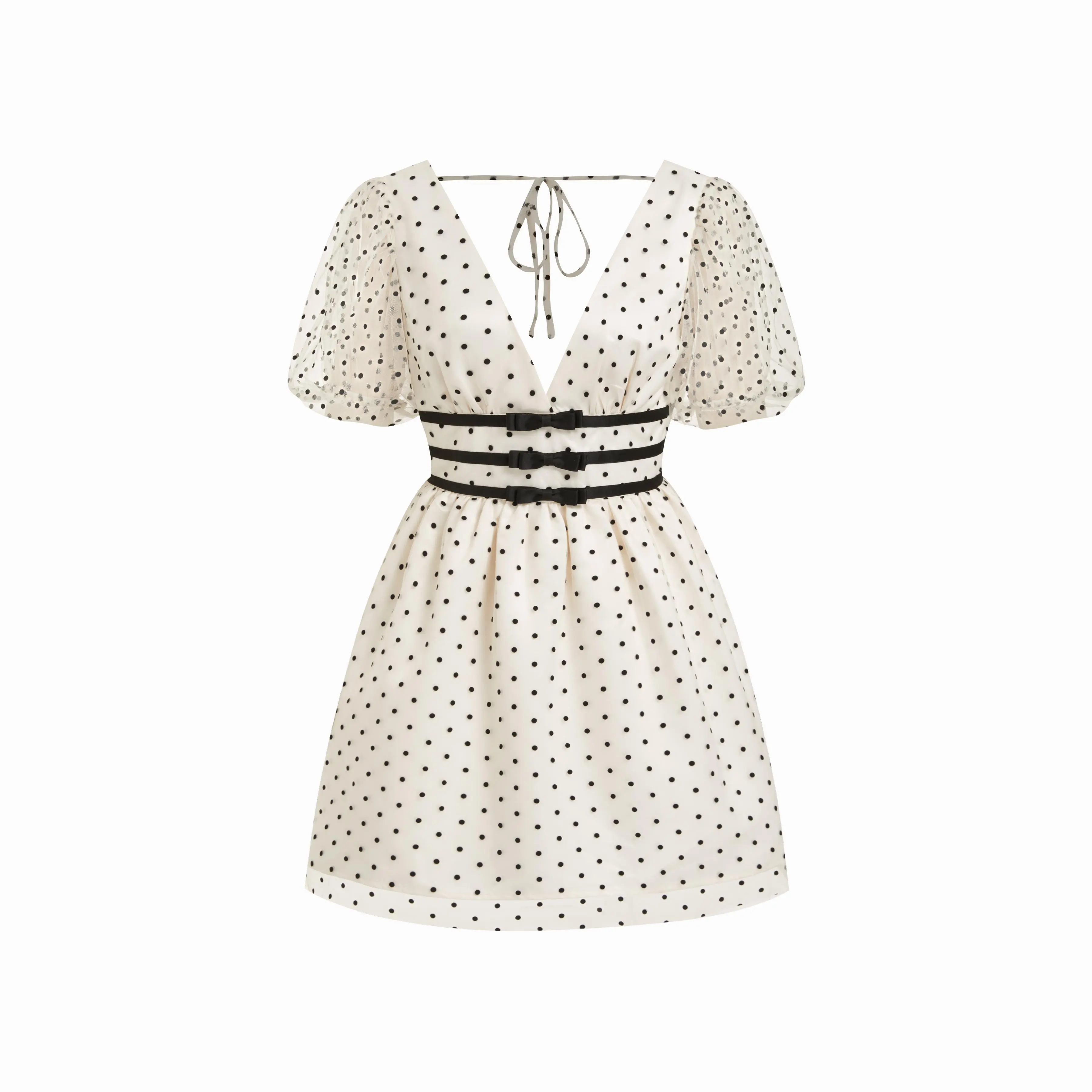 Cider Women's Nylon Mesh Polka Dot Mini Dress - V-neck, Bow Puff Sleeves, A-line, Above-the-Knee, Holiday Casual, Party Wear, Sheer