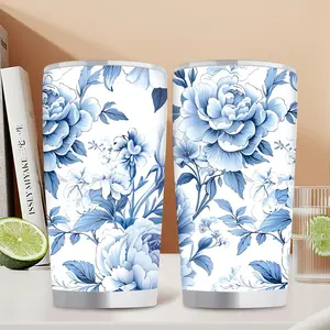 [20oz Insulated Stainless Steel Tumbler] 20oz Blue & White Porcelain Design Stainless Steel Tumbler - Double Wall Vacuum Insulated Travel Mug for Iced Coffee, Leak-Proof, BPA-Free - Perfect Gift for Birthdays, Valentine's, Mother'S Day, Christmas, Te