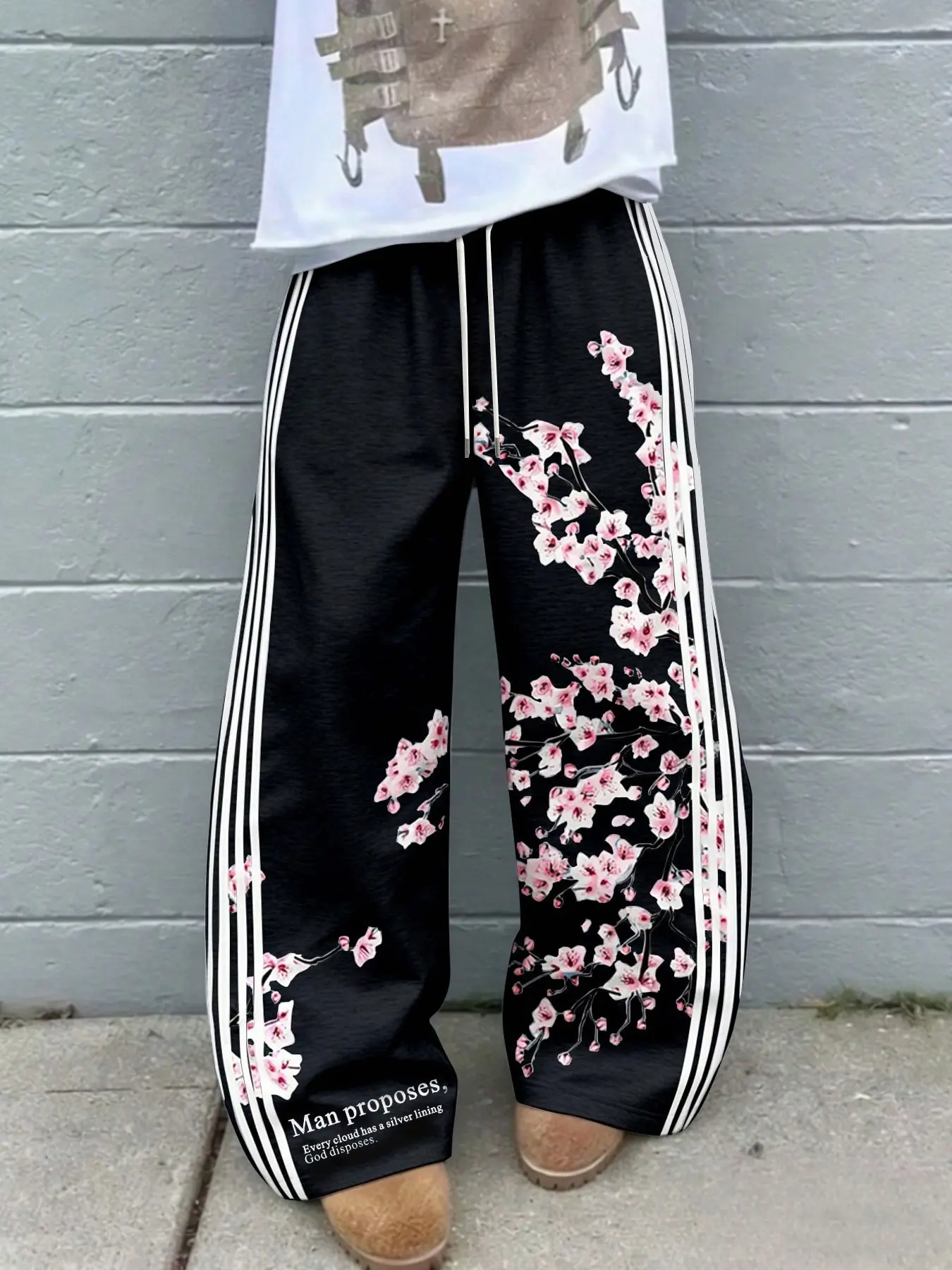 Men's American Style Cherry Blossom Digital Print Side Stripe Wide Leg Sweatpants, Drawstring Waist Loose Fit Casual Sports Pants, All Season Fashion
