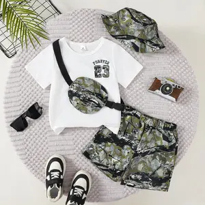 Ready Stock 4-7Y Boys Stylish Camo 4-Piece Set T-shirt with "Forever 23" Print, Shorts, Hat & Bag, Ideal for Kids Summer Adventures 12502005