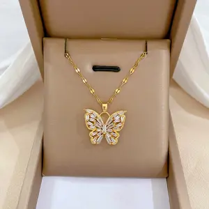 Elegant Gold Butterfly Pendant Necklace with Sparkling Crystal Women's Stainless Steel Chain Light Luxury Style Jewelry for Sweaters or Formal Occasions Butterfly Jewelry