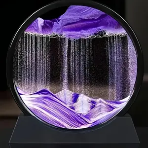 Round Frame Dynamic Glass Sand Art - Mesmerizing Purple Desert Landscape with Waterfall Effect, Zen Feng Shui Tabletop Decor, No Electricity Required, Elegant Home & Office Decor, Unique Birthday & Holiday Gift