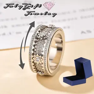 8mm Cubic Zirconia Spinner Rings Unisex Couple Gear Ring Rotatable Mechanical Ring