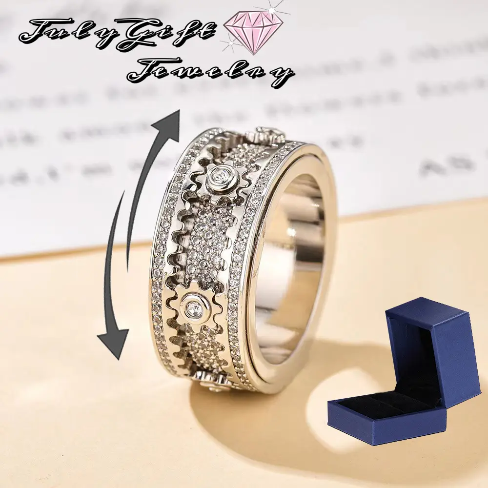 8mm Cubic Zirconia Spinner Rings Unisex Couple Gear Ring Rotatable Mechanical Ring