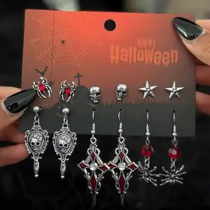 PuRui Women's 6-Pair Punk Earring Sets - Goth Red Crystal Skull-Shaped, Spider Charm, Stylized Cross Rose Metal Drop Earrings for Halloween Piercing Jewelry, Skull-Shaped Earrings