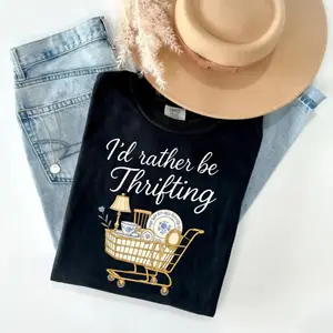 Comfort Colors I’d Rather Be Thrifting T-Shirt, thrift aesthetic Tshirt, blue and gold vintage decor cart, thrifting graphic, boutique style T-Shirt