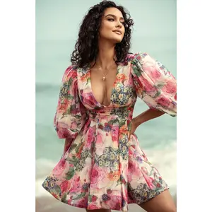 Wivory Bloom Rose Linen Organza Mini Dress - Rose Print | Puff Sleeves Dress with Floaty Skirt for Women - Minimalist Summer Outfit for Garden Party, Picnic, Vacation, Outdoor & Casual Wear - Womenswear Fashion
