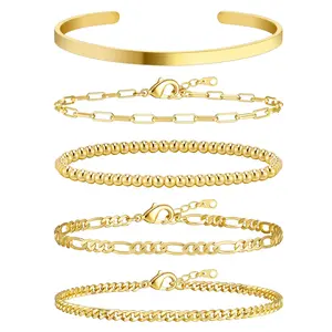 Gold Bracelets for Women Bracelet Stack Set 14K Real Gold Plated Link Charm Bracelet Dainty Link Chain Stackable Charm Bracelets Adjustable Bangle Cuff Bracelet Pack Jewelry Gifts for Women