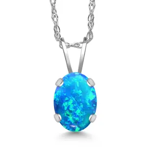 Gem Stone King 0.63 Ct Oval Cabochon Blue Simulated Opal 14K White Gold Pendant with Chain