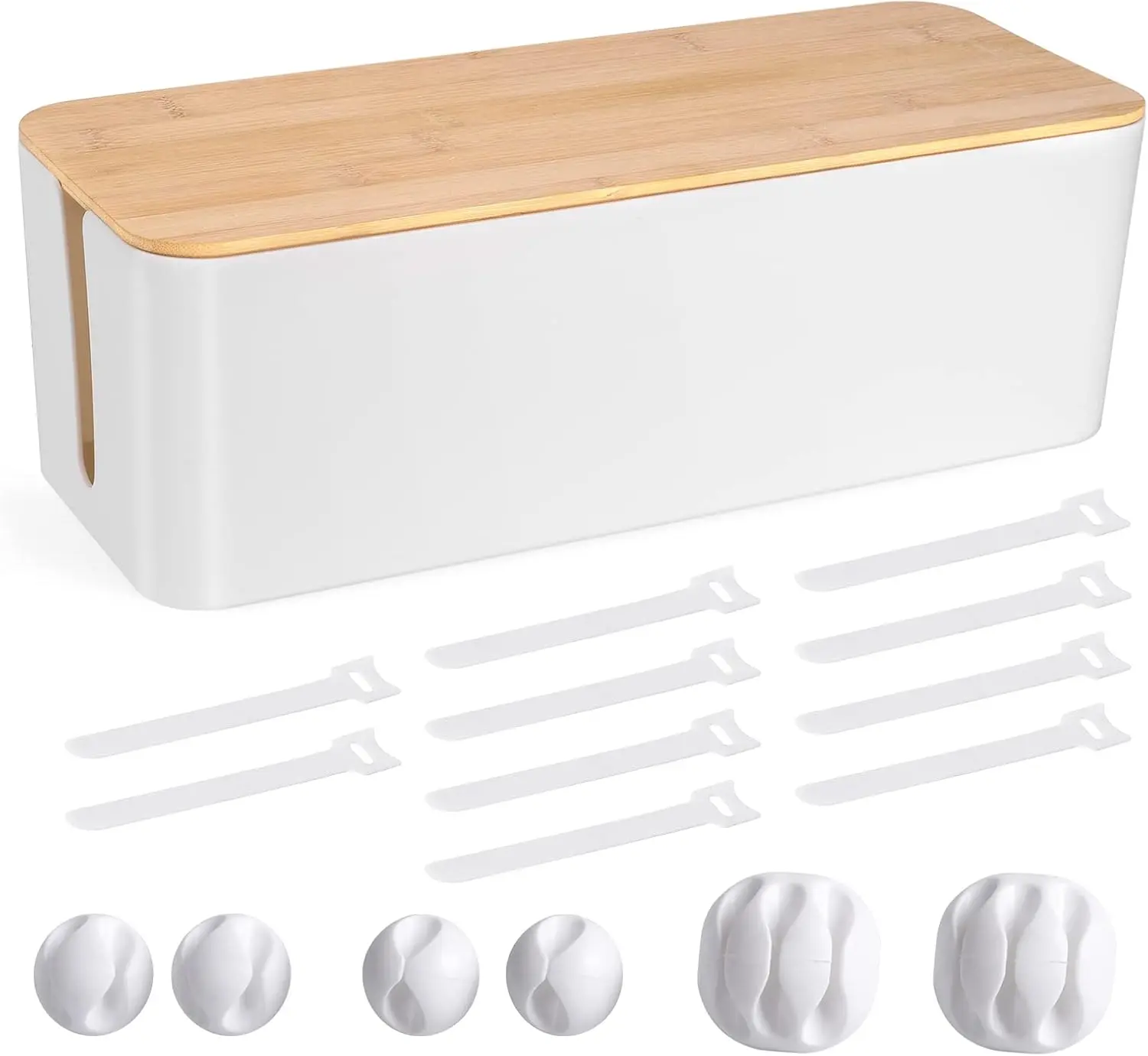 Management Box - Wooden Style Large Cord Organizer Box to  Wires & Power Strips | Desk Computer  Organizer Box | Safe ABS Material |16" (L) x 6.2" (W) 5.3" (H)|for Home & Office - White