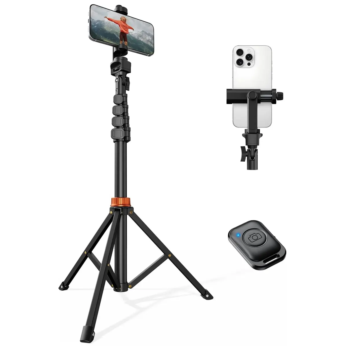 Vimose 66in Aluminium Selfie Stick Vlogging Kit for Content Creators - Upgraded Stable Tripod, Phone Holder, Remote, B01 Accessory, Smartphone Camera & Mobile Cellphone Gear, Handheld & Live Streaming Tools for iPhone/Android (Travel), Smartphone Camera A