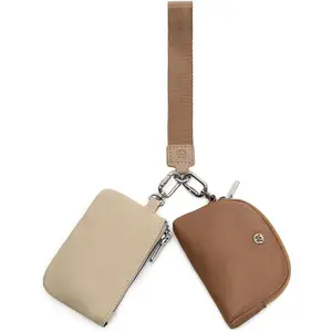 Mini Zip Around Wristlet Wallet for Women Detachable Dual Pouch Wristlet Portable  Pocket  Small Purse (Khaki+Brown)