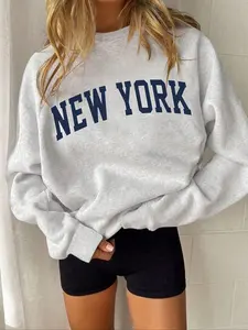 Women's New York Letter Print Sweatshirt, Casual Fall Ribbed Long Sleeve Pullover, Loose Fit Knit Top, Fashionable Autumn Clothing