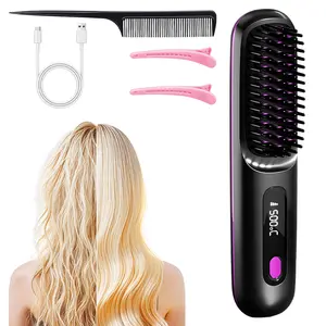 BRIGTLAIFF Cordless Hair Straightener Brush Portable Ionic Hot Comb Mini Travel Hair Straightening Brush for Women 3 Temp Settings LED Display Ionic Technology