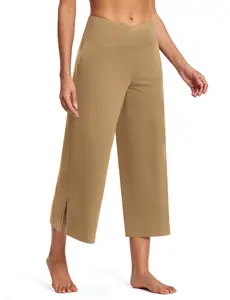 Capri Pants for Women Summer Khaki Solid Color Stretch Waist Wide Leg Yoga Capris with Pockets Casual Loose High Waisted Cropped Pants for Women Chic Elegance Minimalist Style Bottoms Womenswear