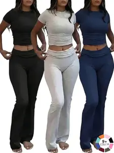 Best-selling casual workout two-piece set for women in Europe and America: round-neck T-shirt and low-waist flared pants sports outfit Tracksuit Set Workout Sets Women