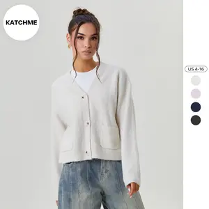 KatchMe Women's Slouchy Solid Color Knit Button-Up Side Pocket Long Sleeve Cardigan, Cozy Drop Shoulder Sweater Outerwear for Fall & Winter, Casual Womenswear