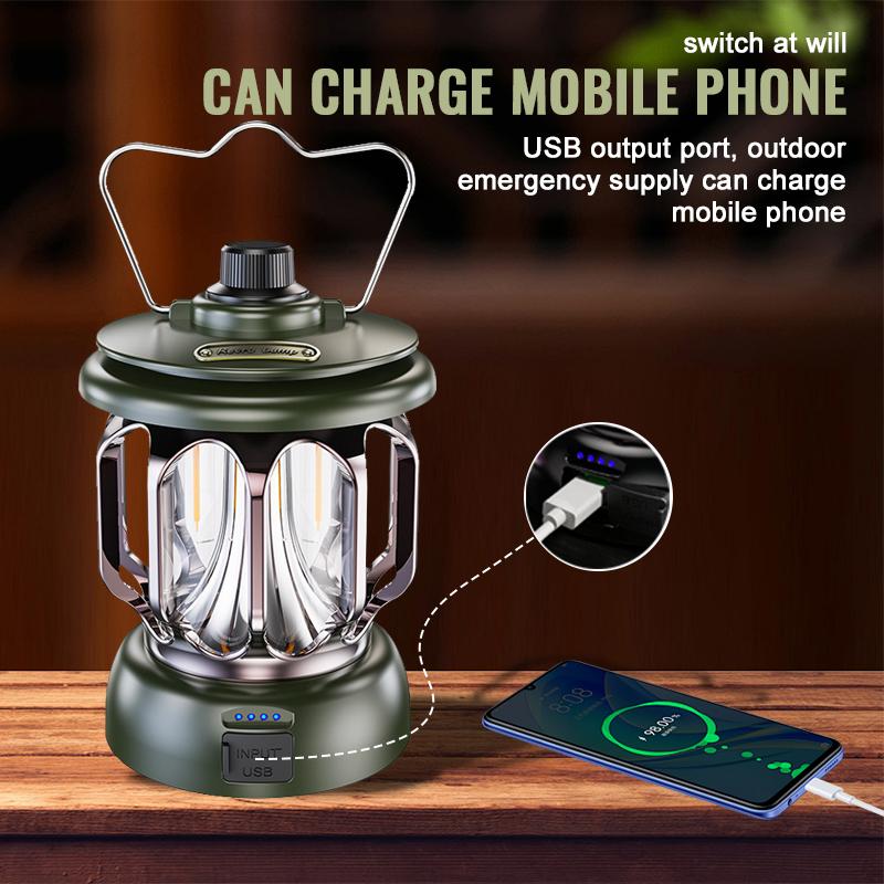 Vintage-style camping lamp, atmospheric portable lantern, flashlight with a metal hook for hanging, USB rechargeable with power output function, very suitable for fishing, household power outages, desktop lighting and emergency lighting