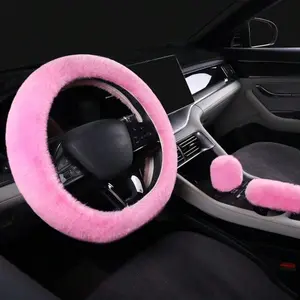 3pcs Winter Plush Car Steering Wheel Cover, Elastic Handle Cover, Hand Brake Gear Set, Interior Decoration, Girly Car Accessories, Girly Car Interior Sets
