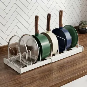 Nigelia Pots and Pans Organizer for Under Cabinet 22" Expandable Food Storage Container Lid Organizers with 10 Adjustable Dividers Pot and Pan Lid Holders Rack Inside Cabinet&Kitchen