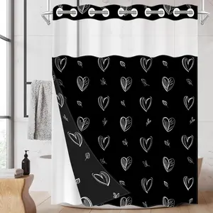 1pc hookless shower curtain with buckle lining, black and white heart and flower pattern design, 2D flat printing, fabric waterproof lining, see-through double-layer shower curtain, 71 x 74 inches, modern home curtain decoration.